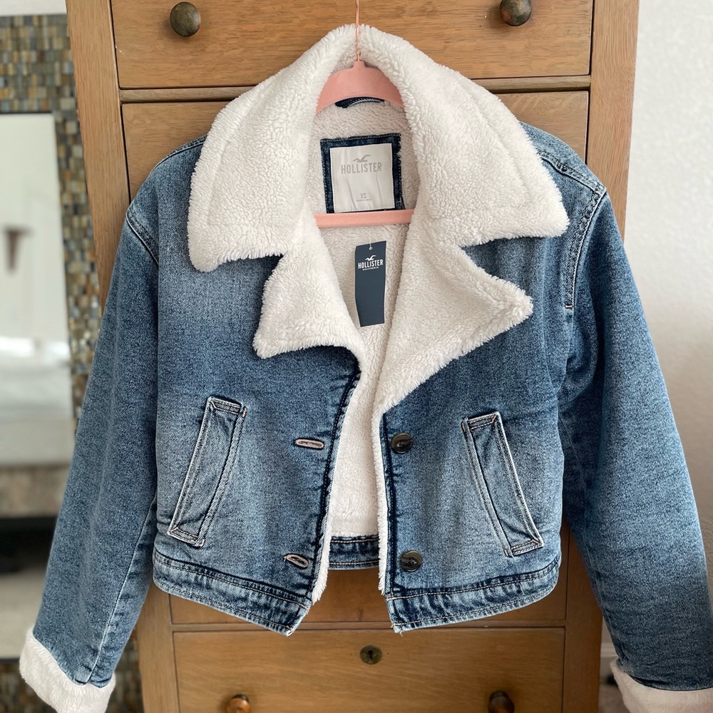 Hollister Blue and White Jean Jacket with Sherpa Lining